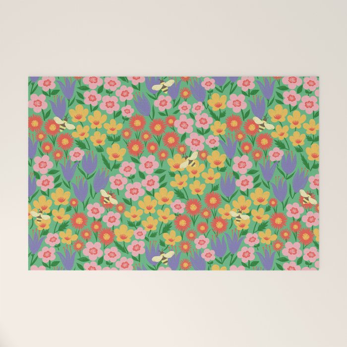 Bright Colorful Floral Meadow with Bees Welcome Mat Gallery Image 1