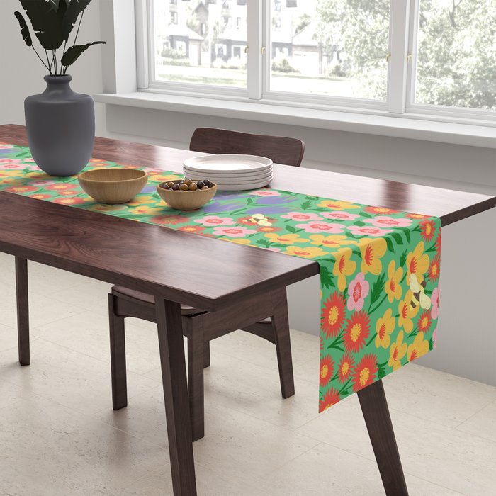 Bright Colorful Floral Meadow with Bees Table Runner Gallery Image 2