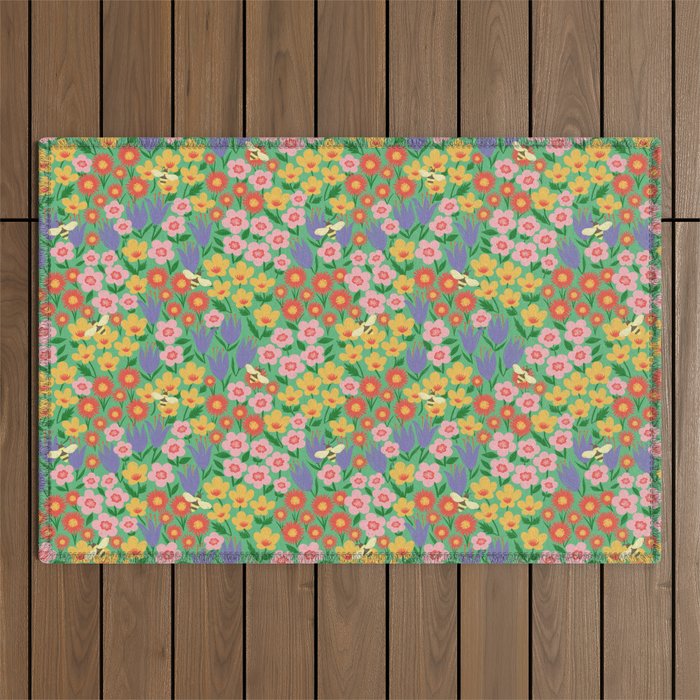 Bright Colorful Floral Meadow with Bees Outdoor Rug Gallery Image 1