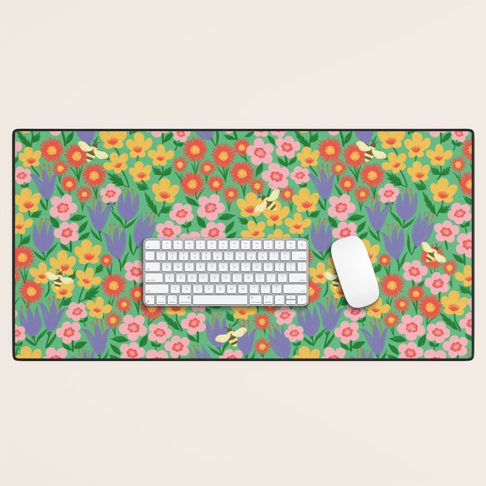 Bright Colorful Floral Meadow with Bees Desk Mat Gallery Image 1
