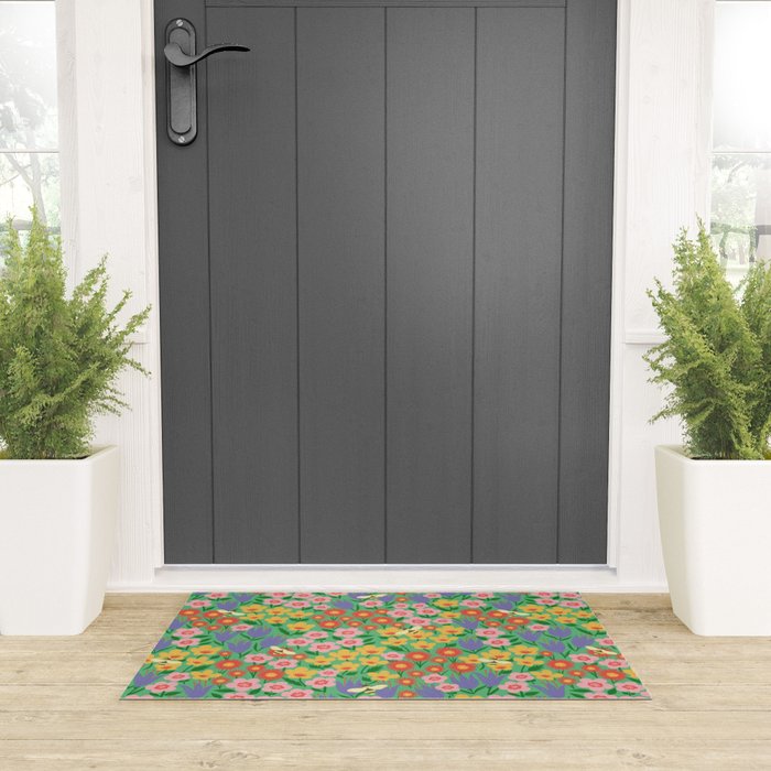 Bright Colorful Floral Meadow with Bees Welcome Mat Gallery Image 3