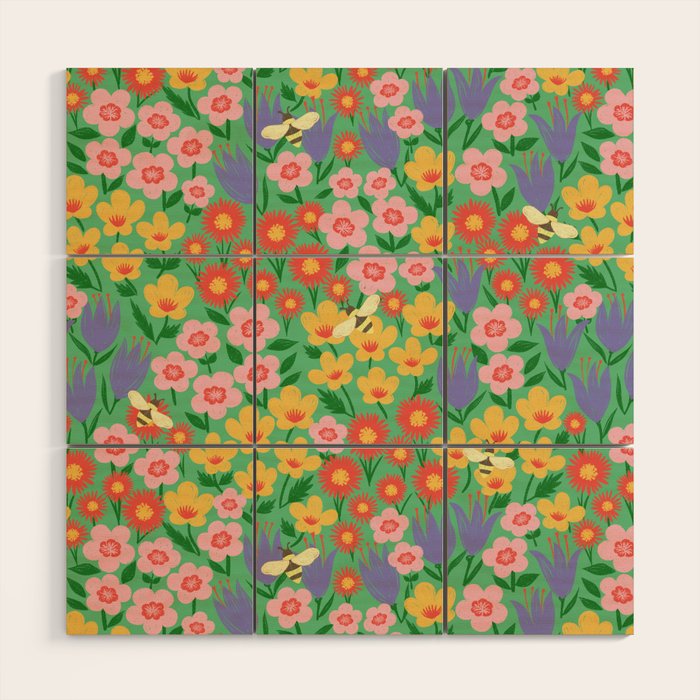 Bright Colorful Floral Meadow with Bees Wood Wall Art Gallery Image 1