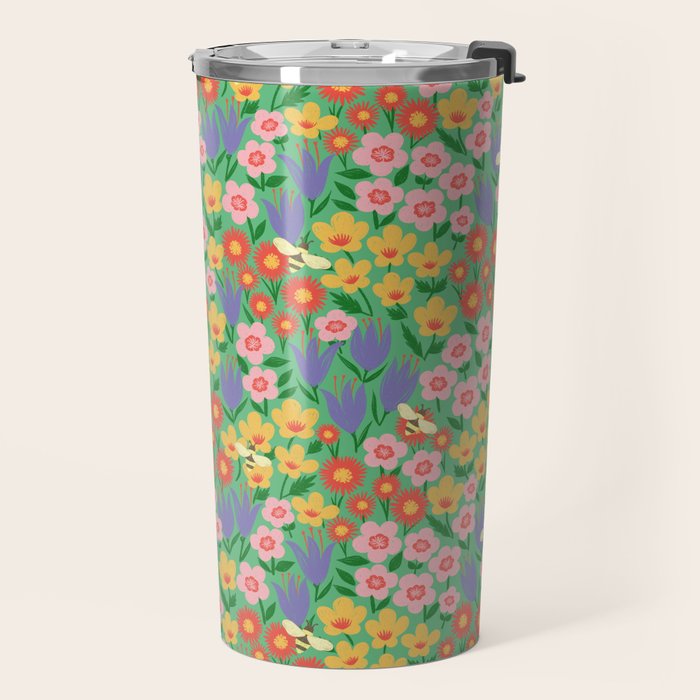 Bright Colorful Floral Meadow with Bees Travel Mug Gallery Image 2