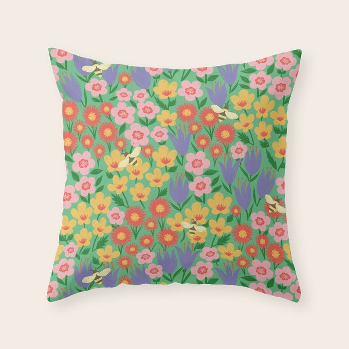 Bright Colorful Floral Meadow with Bees Throw Pillow Gallery Image 1