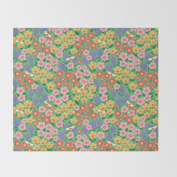 Bright Colorful Floral Meadow with Bees Throw Blanket Gallery Image 2