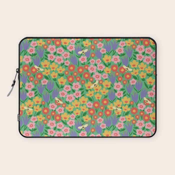 Bright Colorful Floral Meadow with Bees Laptop Sleeve Gallery Image 1