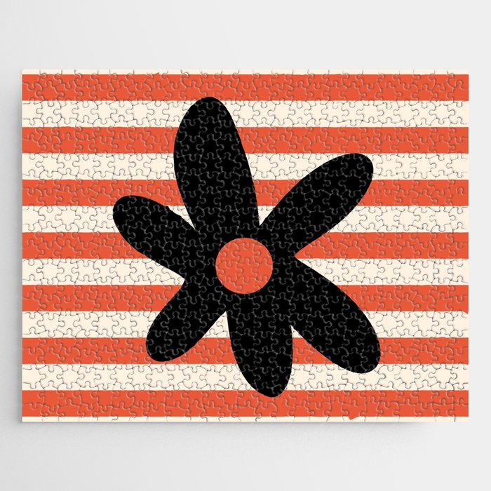 Joyful Flower and Stripes Floral Black Orange Cream Jigsaw Puzzle Gallery Image 1