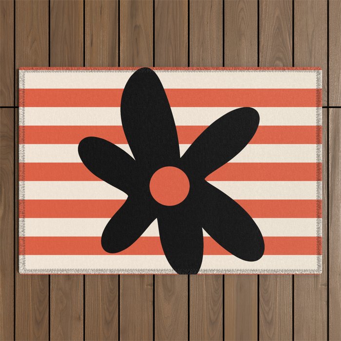 Joyful Flower and Stripes Floral Black Orange Cream Outdoor Rug Gallery Image 1