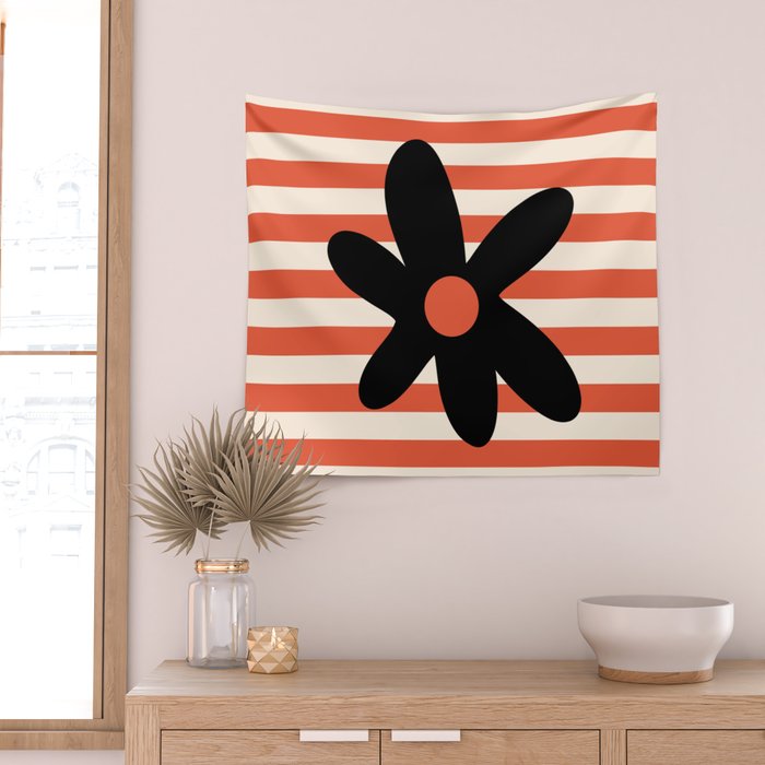 Joyful Flower and Stripes Floral Black Orange Cream Wall Tapestry Gallery Image 2