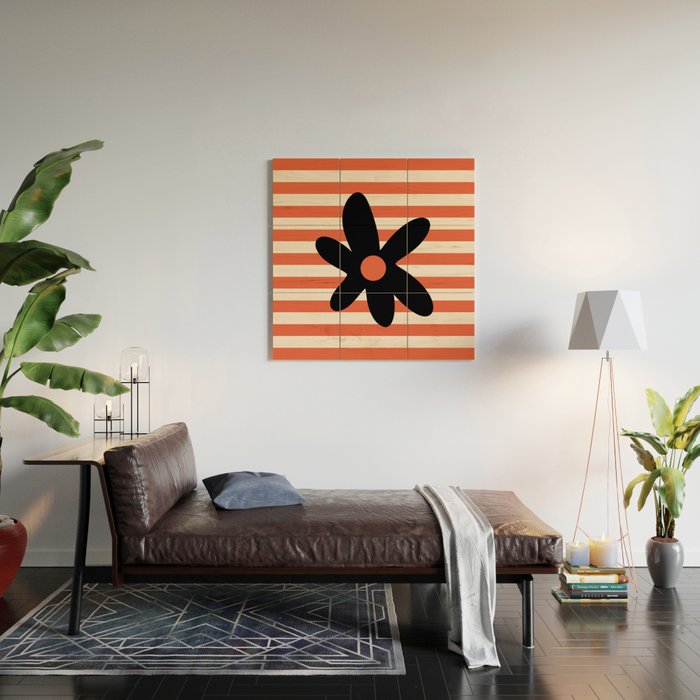 Joyful Flower and Stripes Floral Black Orange Cream Wood Wall Art Gallery Image 2