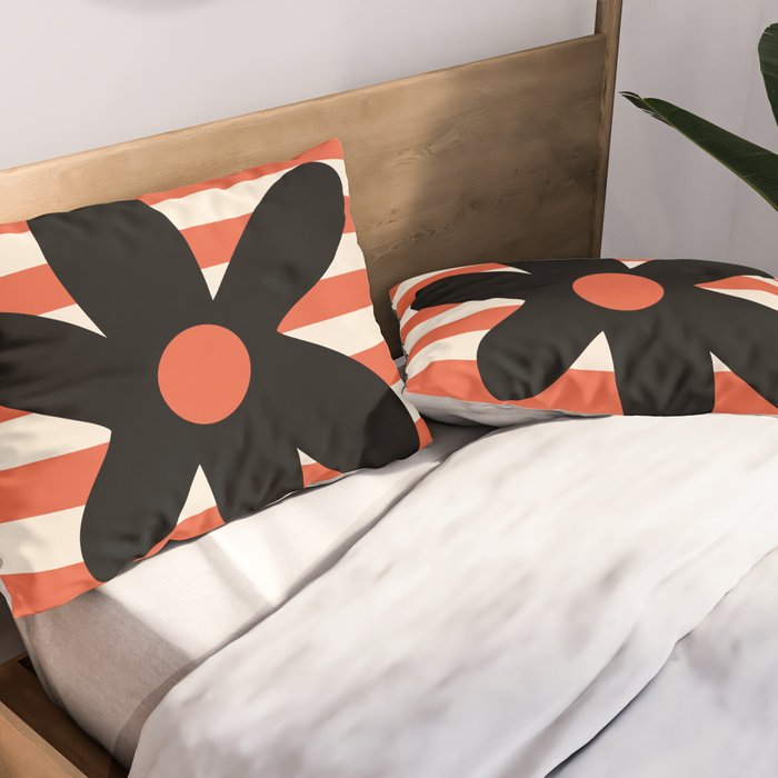 Joyful Flower and Stripes Floral Black Orange Cream Pillow Sham Gallery Image 2