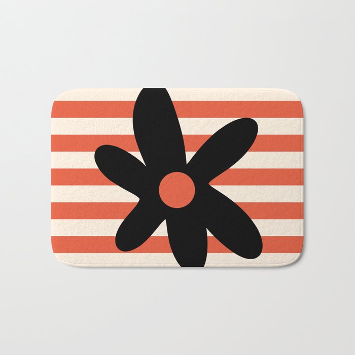 Joyful Flower and Stripes Floral Black Orange Cream Bath Mat Gallery Image 1