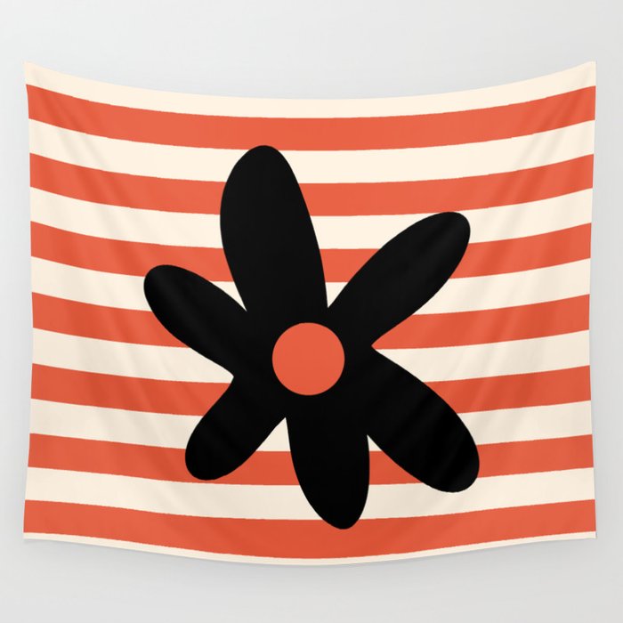 Joyful Flower and Stripes Floral Black Orange Cream Wall Tapestry Gallery Image 4