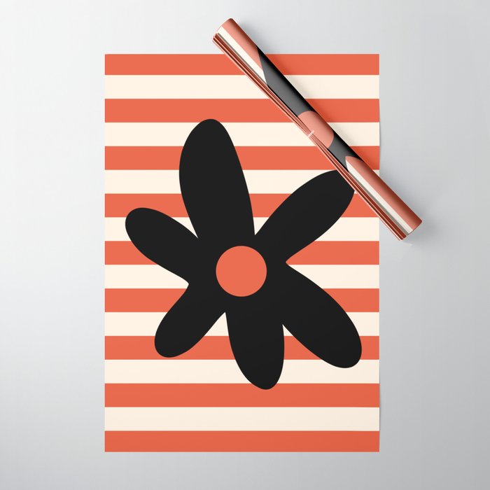 Joyful Flower and Stripes Floral Black Orange Cream Wrapping Paper Gallery Image 1