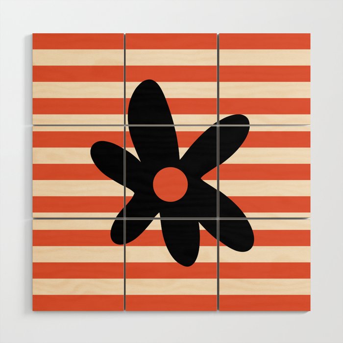 Joyful Flower and Stripes Floral Black Orange Cream Wood Wall Art Gallery Image 1