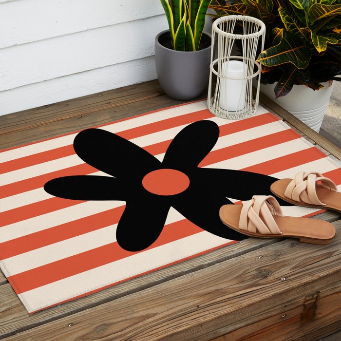 Joyful Flower and Stripes Floral Black Orange Cream Outdoor Rug Gallery Image 2