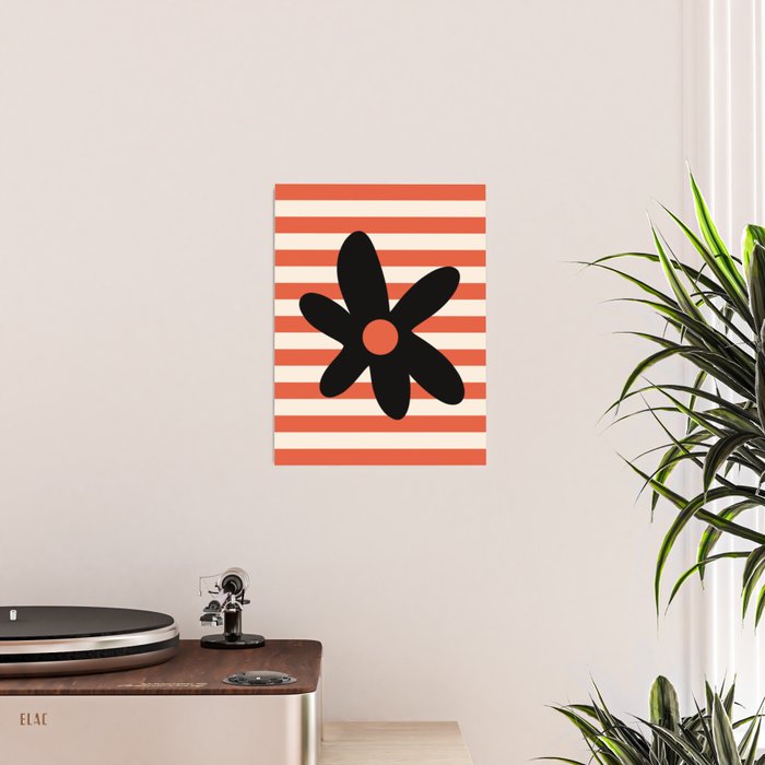 Joyful Flower and Stripes Floral Black Orange Cream Poster Gallery Image 2