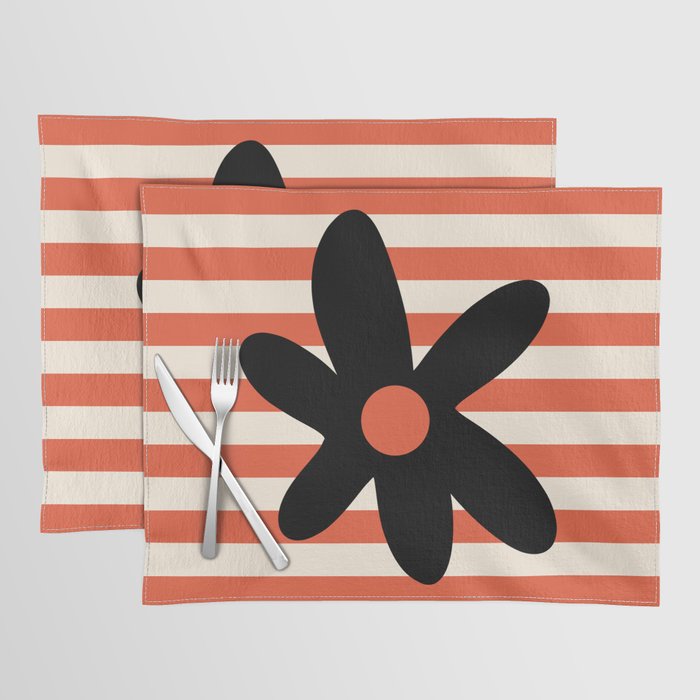 Joyful Flower and Stripes Floral Black Orange Cream Placemat Gallery Image 1
