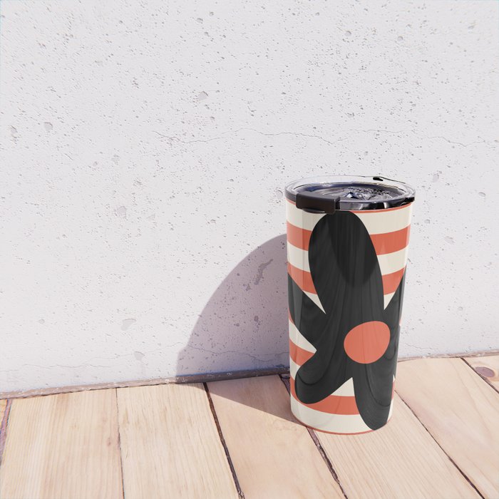 Joyful Flower and Stripes Floral Black Orange Cream Travel Mug Gallery Image 4