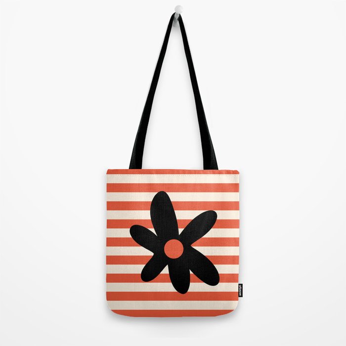 Joyful Flower and Stripes Floral Black Orange Cream Tote Bag Gallery Image 2