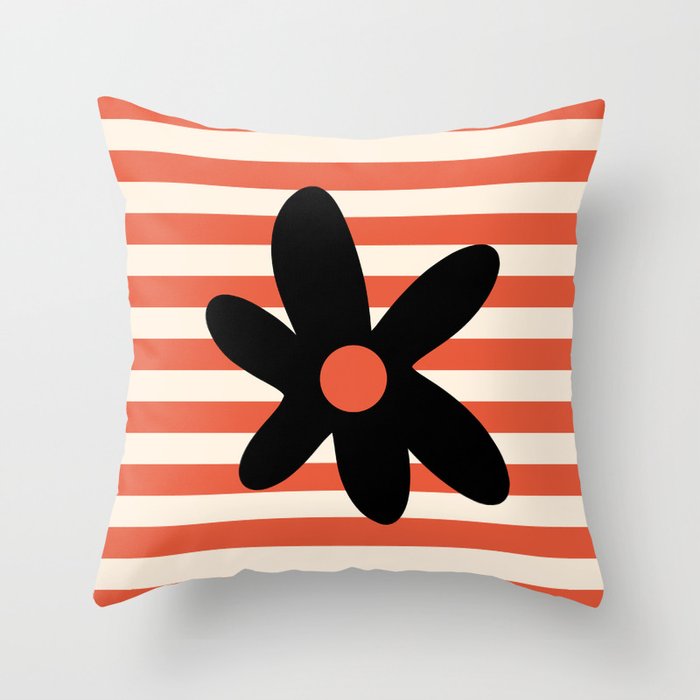 Joyful Flower and Stripes Floral Black Orange Cream Throw Pillow Gallery Image 6