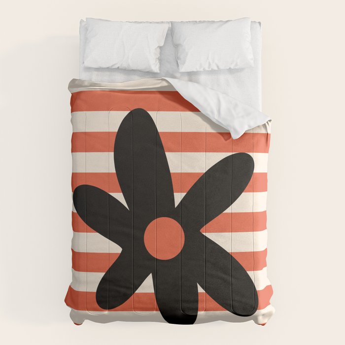 Joyful Flower and Stripes Floral Black Orange Cream Comforter Gallery Image 1