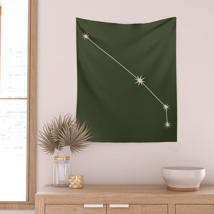 Aries Zodiac Star Constellation Line Art Moss Green Wall Tapestry Gallery Image 2