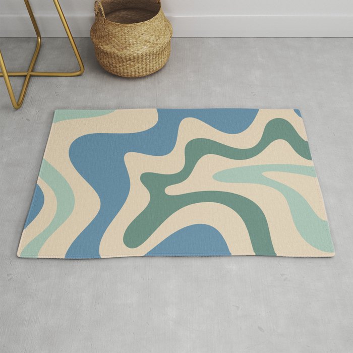 Retro Liquid Swirl Abstract Pattern Blue Aqua Teal Beige Rug Gallery Image 1