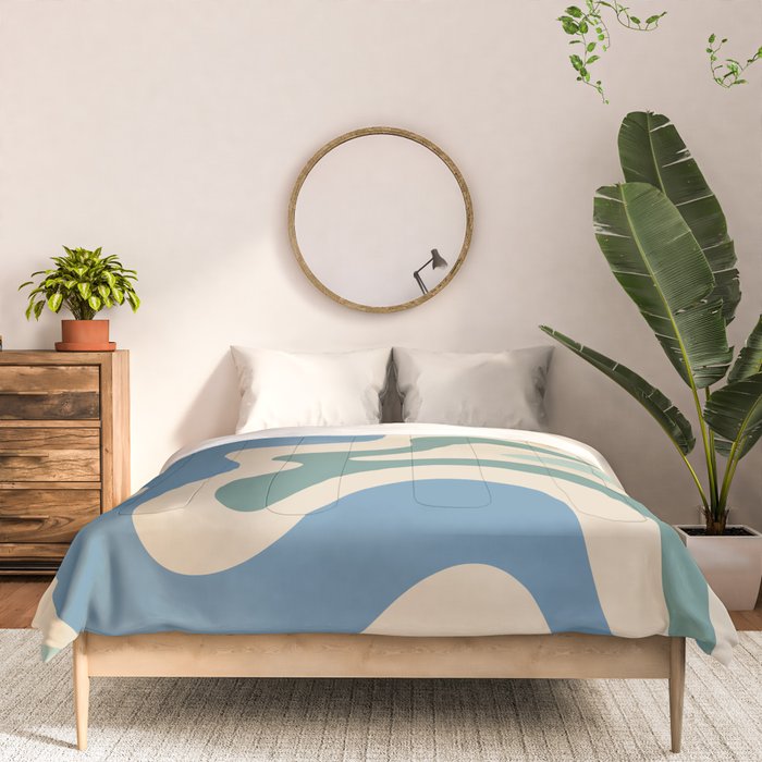 Retro Liquid Swirl Abstract Pattern Blue Aqua Teal Beige Comforter Gallery Image 3