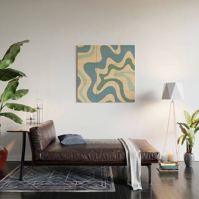 Retro Liquid Swirl Abstract Pattern Blue Aqua Teal Beige Wood Wall Art Gallery Image 2
