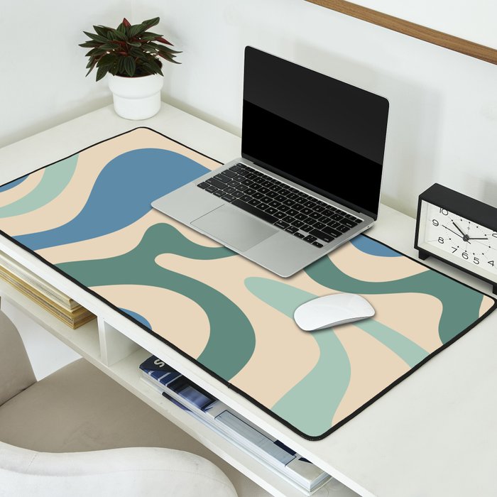 Retro Liquid Swirl Abstract Pattern Blue Aqua Teal Beige Desk Mat Gallery Image 2