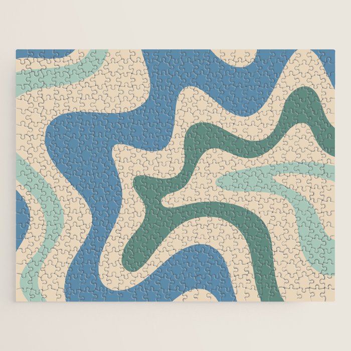Retro Liquid Swirl Abstract Pattern Blue Aqua Teal Beige Jigsaw Puzzle Gallery Image 1