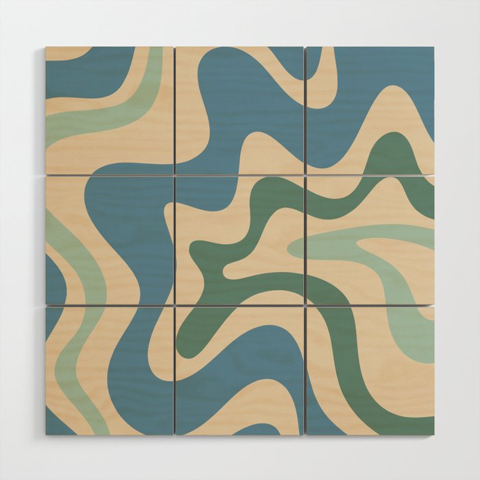 Retro Liquid Swirl Abstract Pattern Blue Aqua Teal Beige Wood Wall Art Gallery Image 1