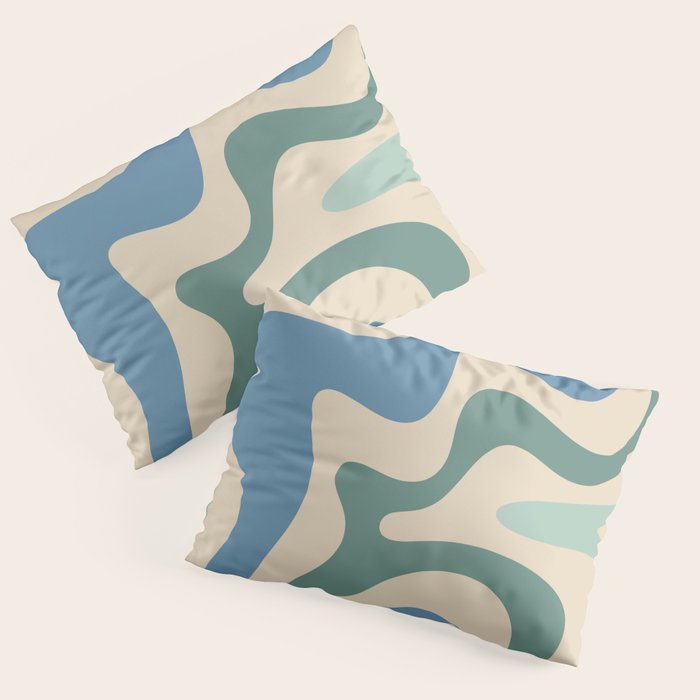 Retro Liquid Swirl Abstract Pattern Blue Aqua Teal Beige Pillow Sham Gallery Image 3