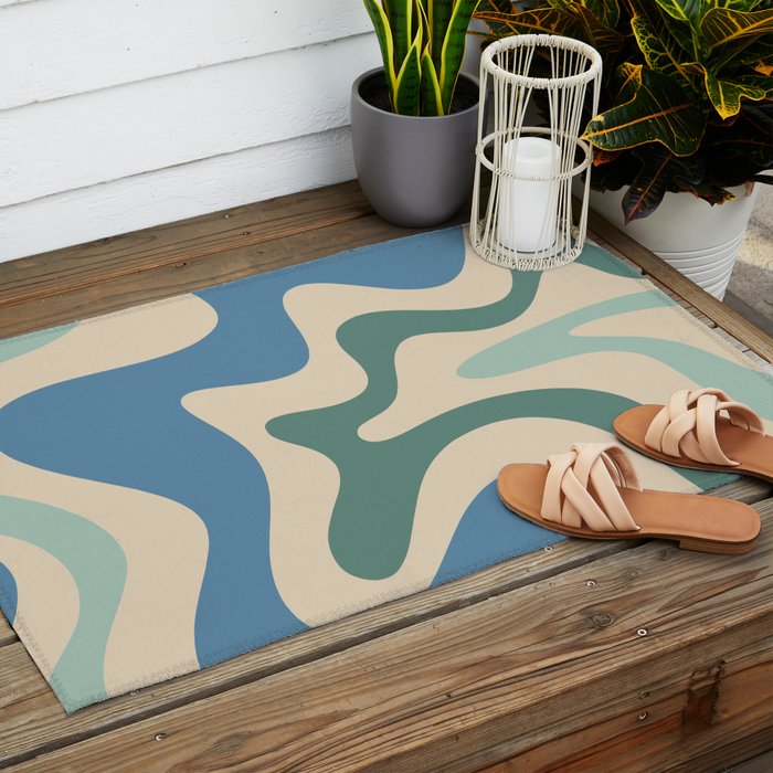 Retro Liquid Swirl Abstract Pattern Blue Aqua Teal Beige Outdoor Rug Gallery Image 2