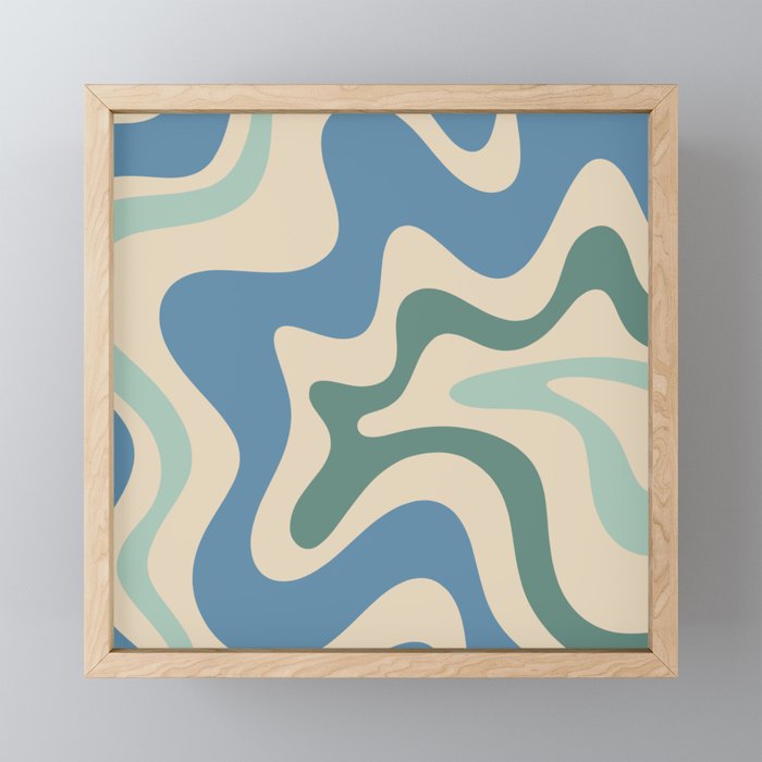 Retro Liquid Swirl Abstract Pattern Blue Aqua Teal Beige Mini Art Print Gallery Image 1