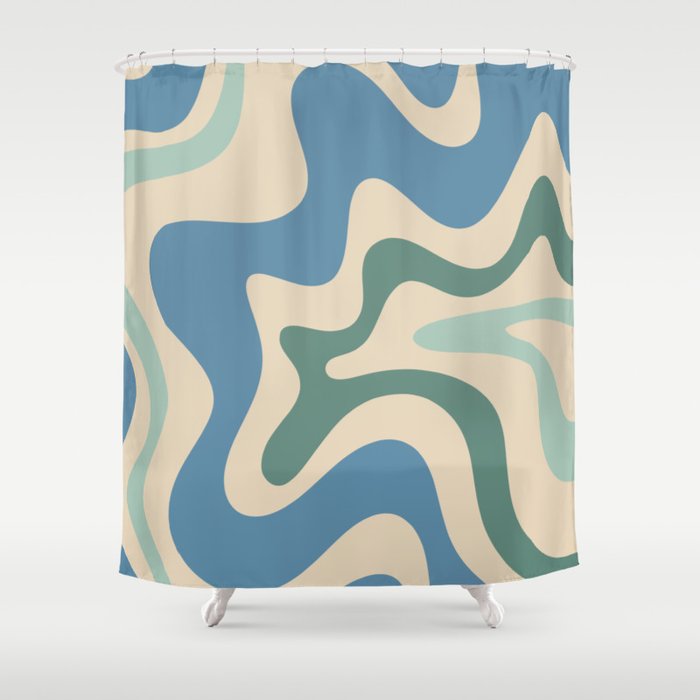 Retro Liquid Swirl Abstract Pattern Blue Aqua Teal Beige Shower Curtain Gallery Image 1