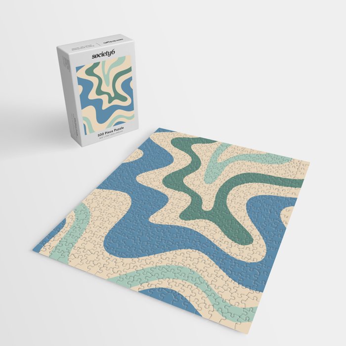 Retro Liquid Swirl Abstract Pattern Blue Aqua Teal Beige Jigsaw Puzzle Gallery Image 2
