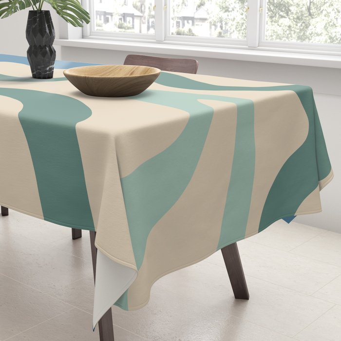 Retro Liquid Swirl Abstract Pattern Blue Aqua Teal Beige Tablecloth Gallery Image 3