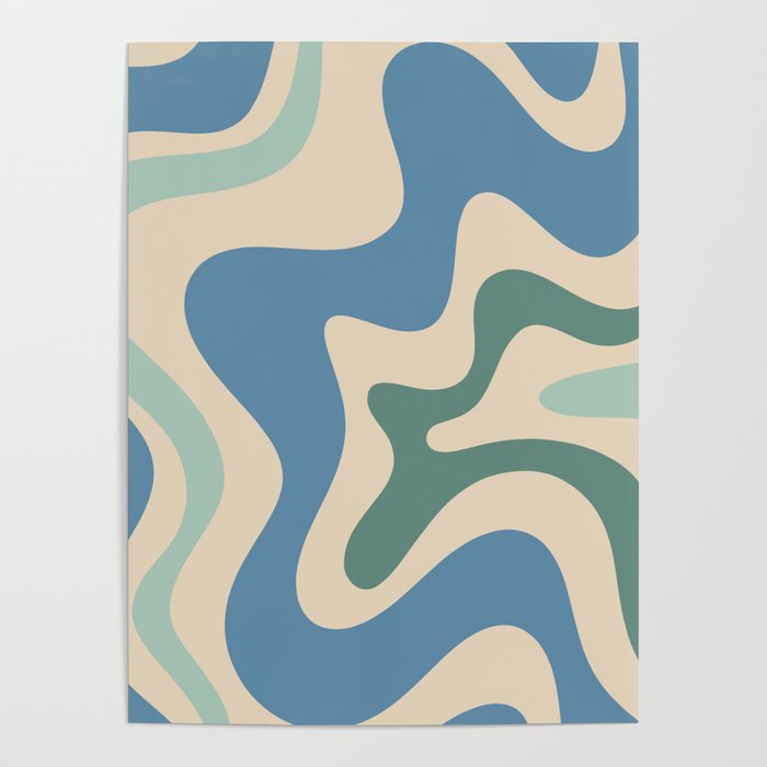 Retro Liquid Swirl Abstract Pattern Blue Aqua Teal Beige Poster Gallery Image 1