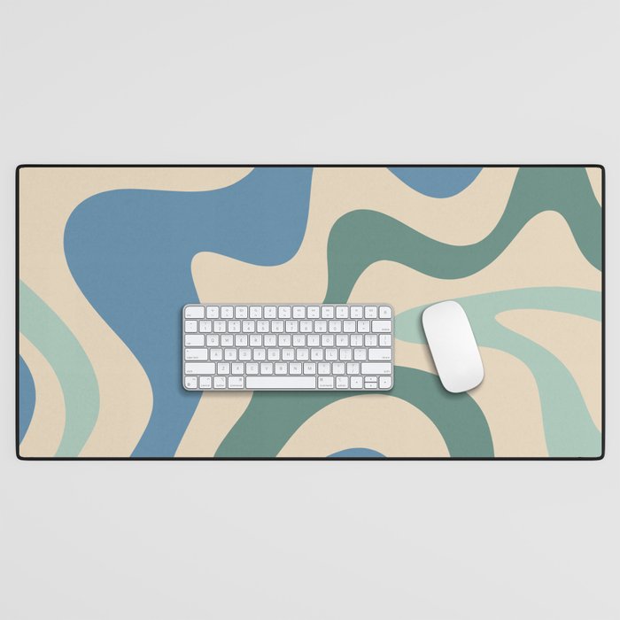 Retro Liquid Swirl Abstract Pattern Blue Aqua Teal Beige Desk Mat Gallery Image 1