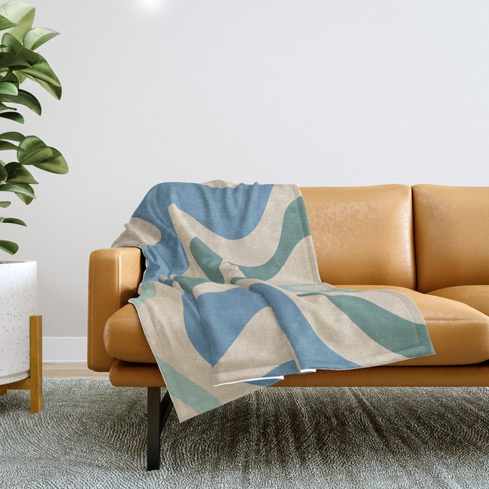 Retro Liquid Swirl Abstract Pattern Blue Aqua Teal Beige Throw Blanket Gallery Image 1