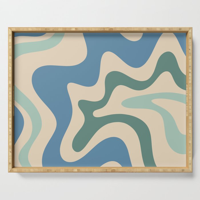 Retro Liquid Swirl Abstract Pattern Blue Aqua Teal Beige Serving Tray Gallery Image 1