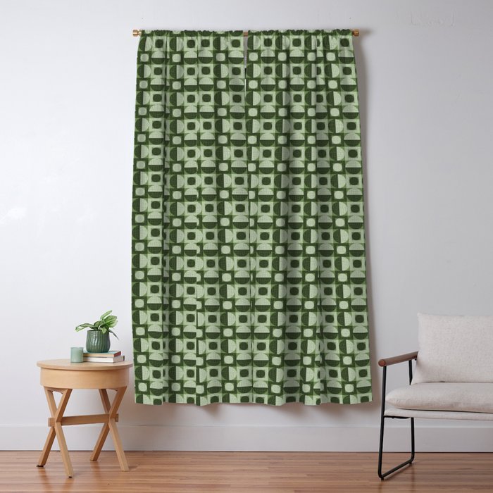 Retro Texture Geometric Squares And Circles Pattern No 5 Sage Green Black White Window Curtain Gallery Image 1