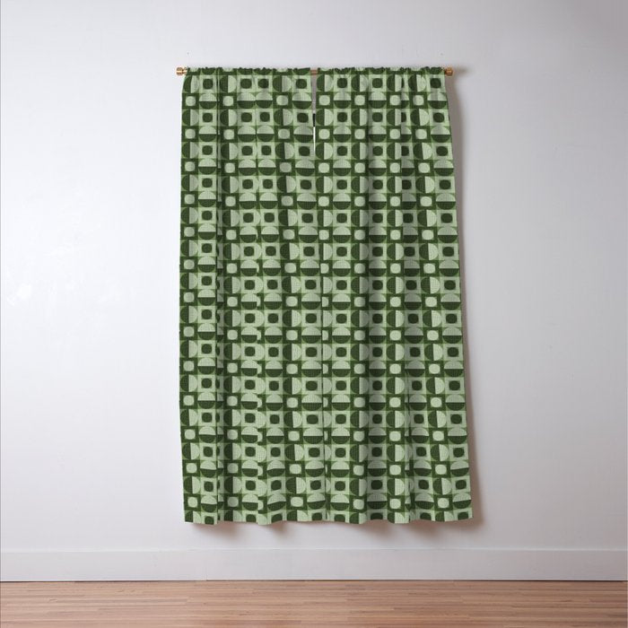 Retro Texture Geometric Squares And Circles Pattern No 5 Sage Green Black White Window Curtain Gallery Image 3