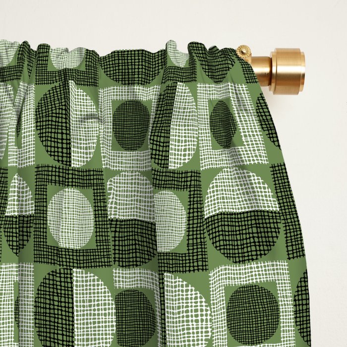 Retro Texture Geometric Squares And Circles Pattern No 5 Sage Green Black White Window Curtain Gallery Image 2
