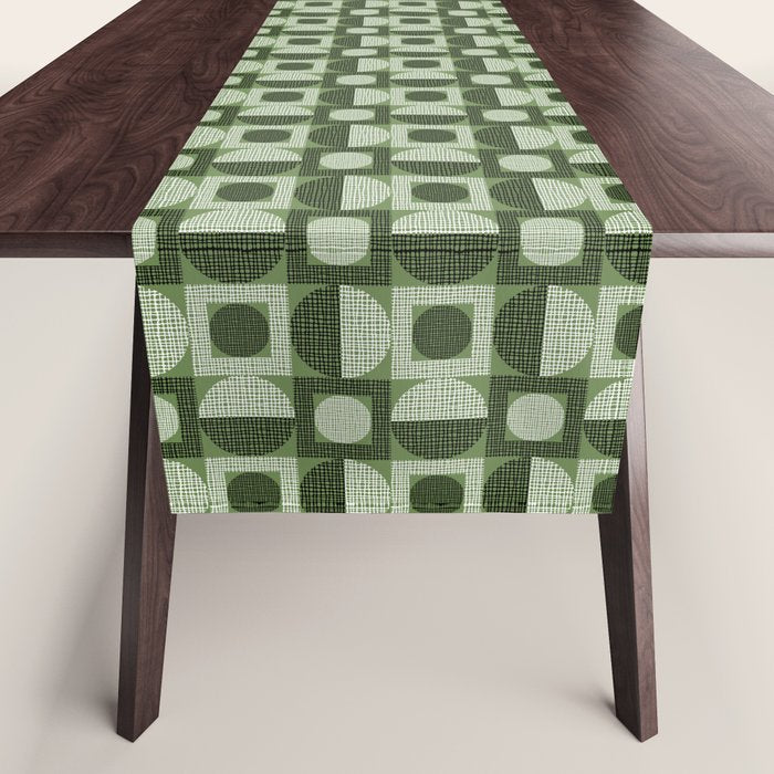 Retro Texture Geometric Squares And Circles Pattern No 5 Sage Green Black White Table Runner Gallery Image 1