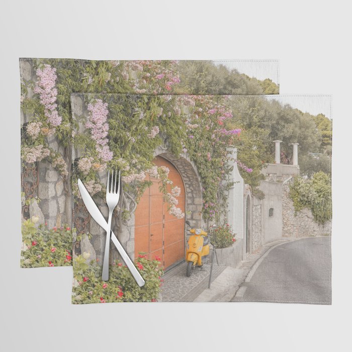 Floral Road On Capri Island | Pastel Color Street In Italy Summer Art Print | Wanderlust Vibes Travel Photography Placemat