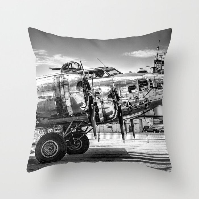 WWII Flying Fortress aviation bomber airplane flight portrait black and white photograph - photography - photographs Throw Pillow Gallery Image 6
