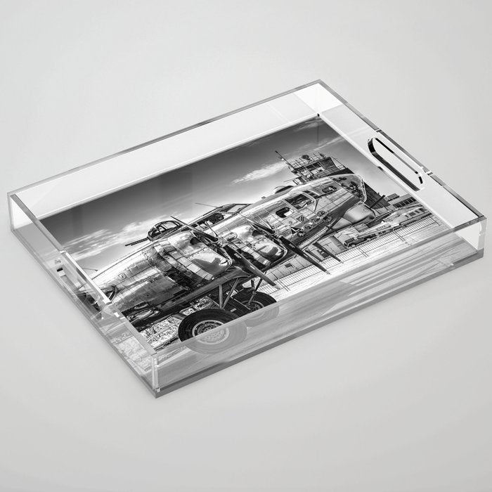 WWII Flying Fortress aviation bomber airplane flight portrait black and white photograph - photography - photographs Acrylic Tray Gallery Image 1
